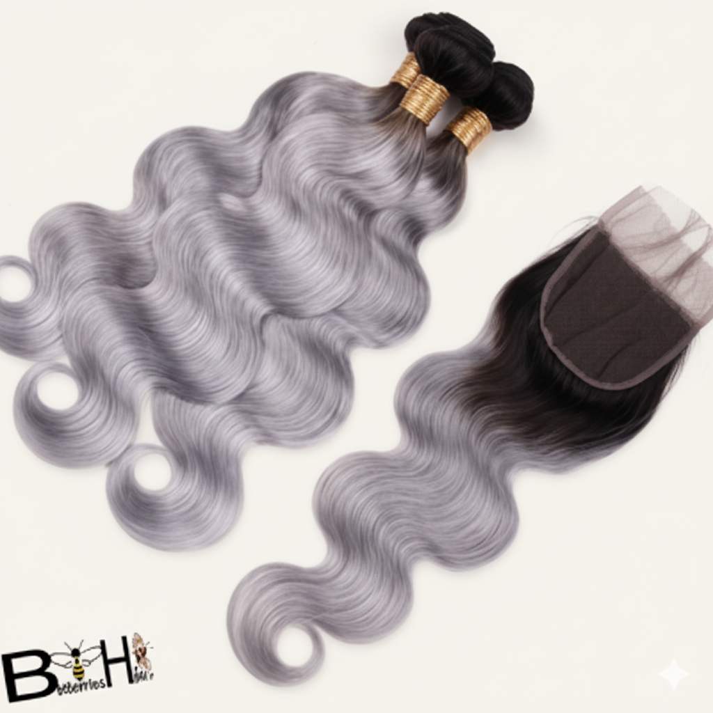 Tone Grey Bodywave Human Hair bundle 4x4 Closure 18"
